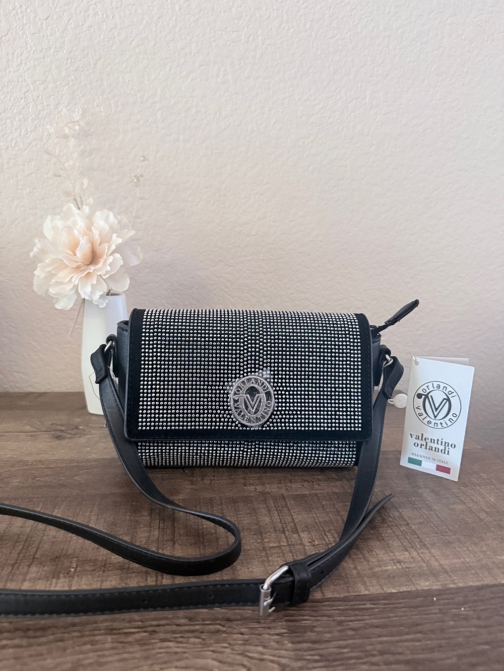 Valentino Orlandi Black and Silver Crystal Rhinestones Nightout Women's Bag